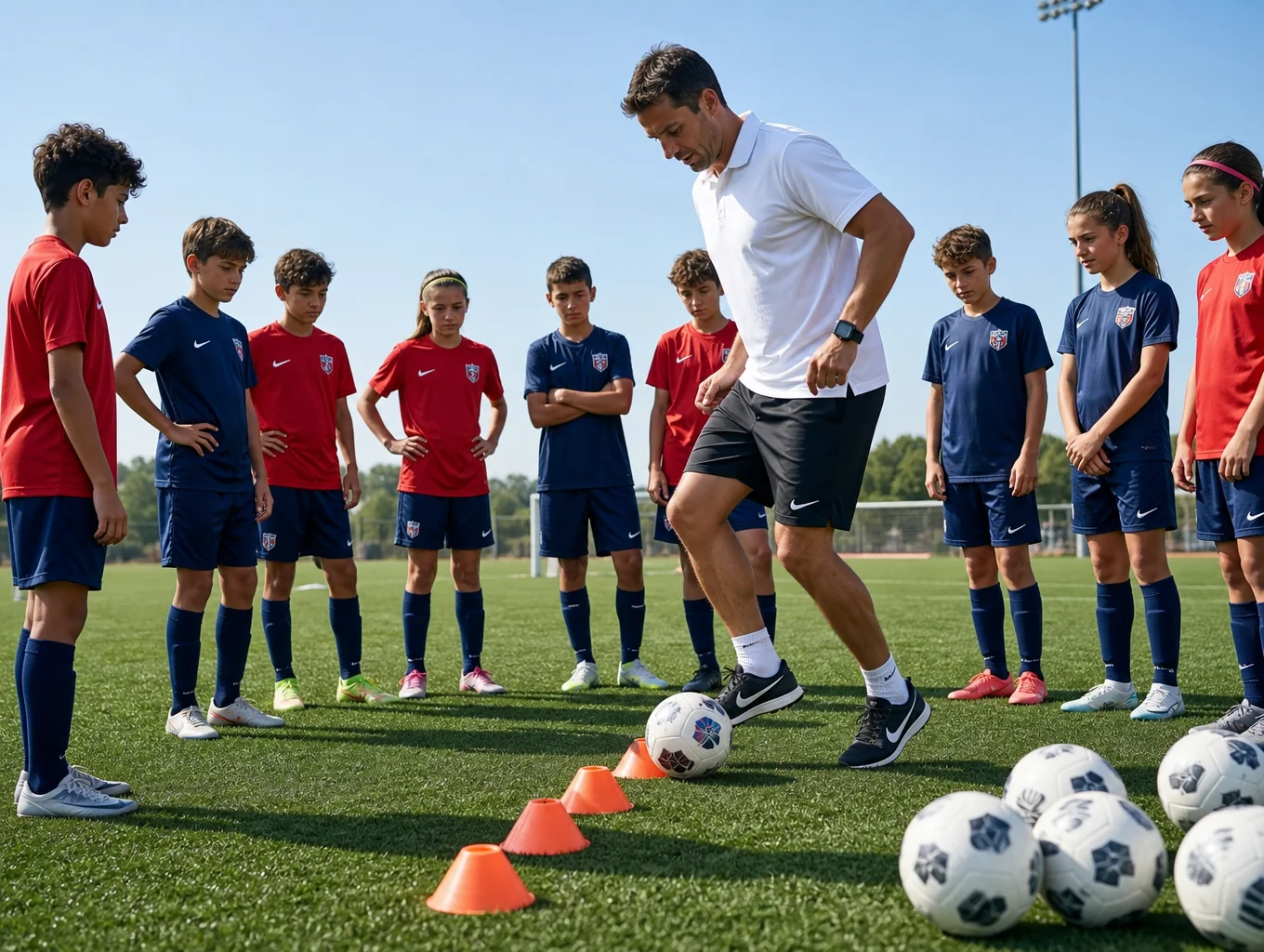 Kids executing technical basketball and soccer drills