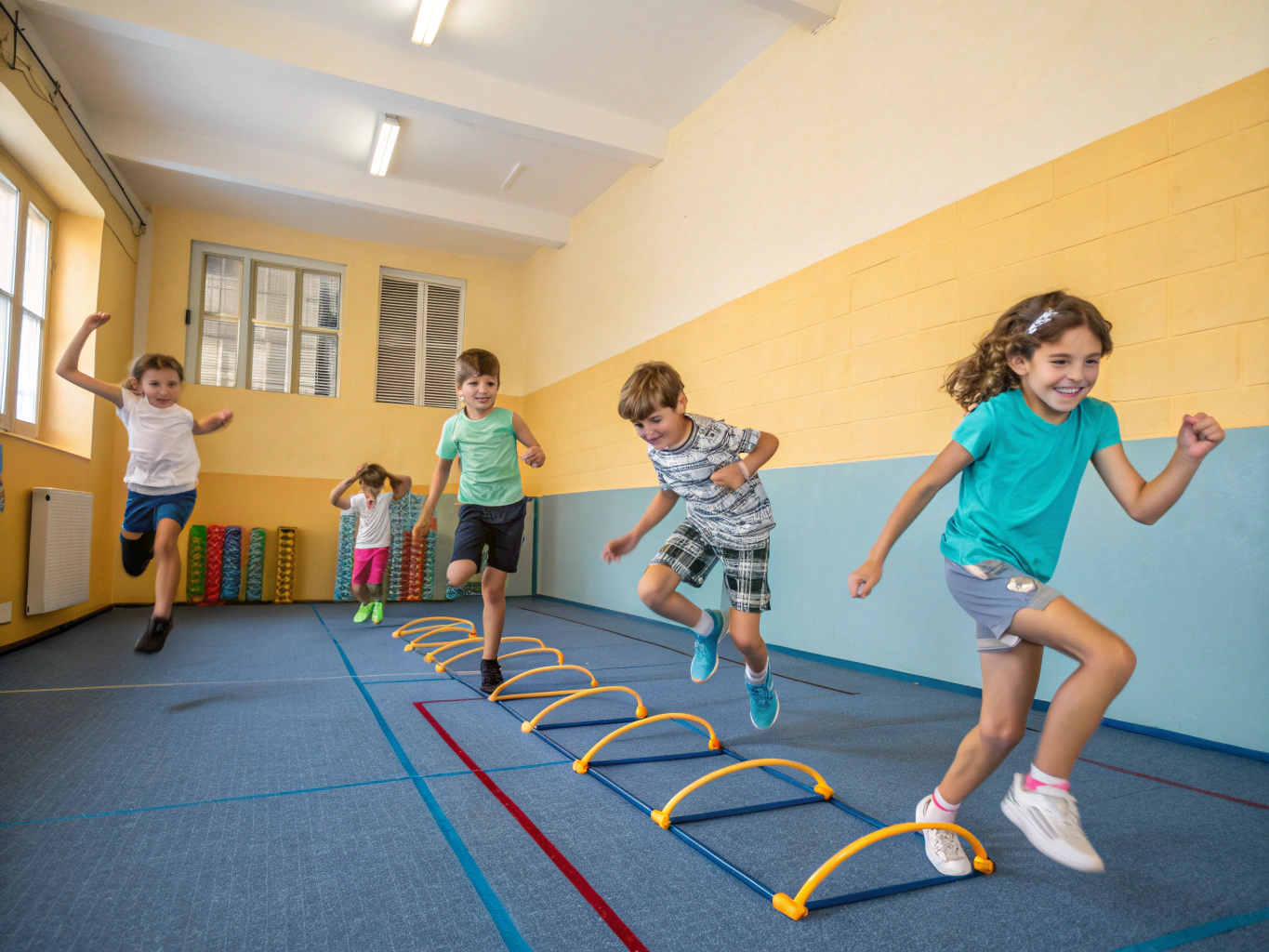 Young children practicing agility and balance drills with coach